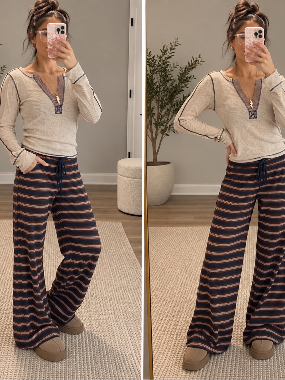 Free People Striped Wide-Leg Lounge Set in Brown & Cream